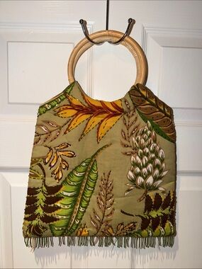 Mystique Tropical Leaf Print Tote Bag with Wooden Ring Handles & Beads - Green